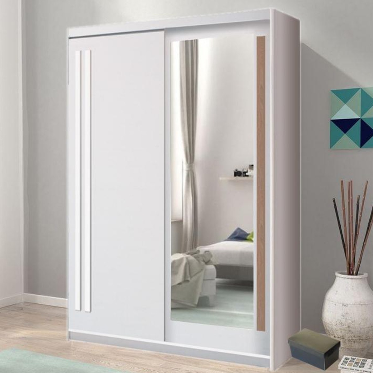 Sliding Wardrobe - ETHRA 2 Door Mirrored Wardrobe White 150cm - Art Nest