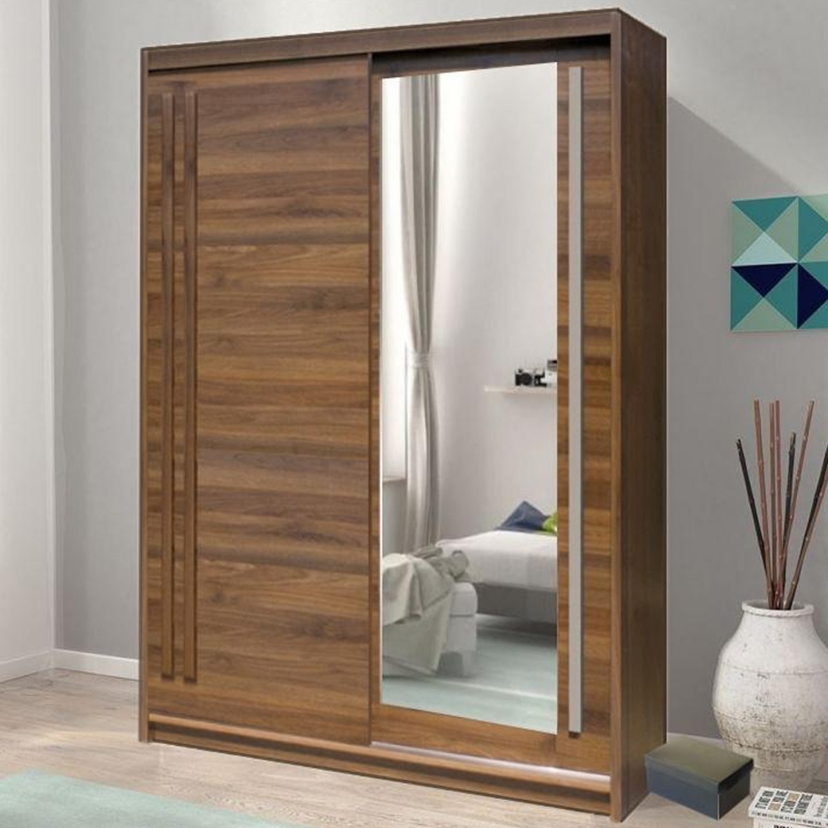 Sliding Wardrobe - ETHRA 2 Door Mirrored Wardrobe Walnut 150cm - Art Nest