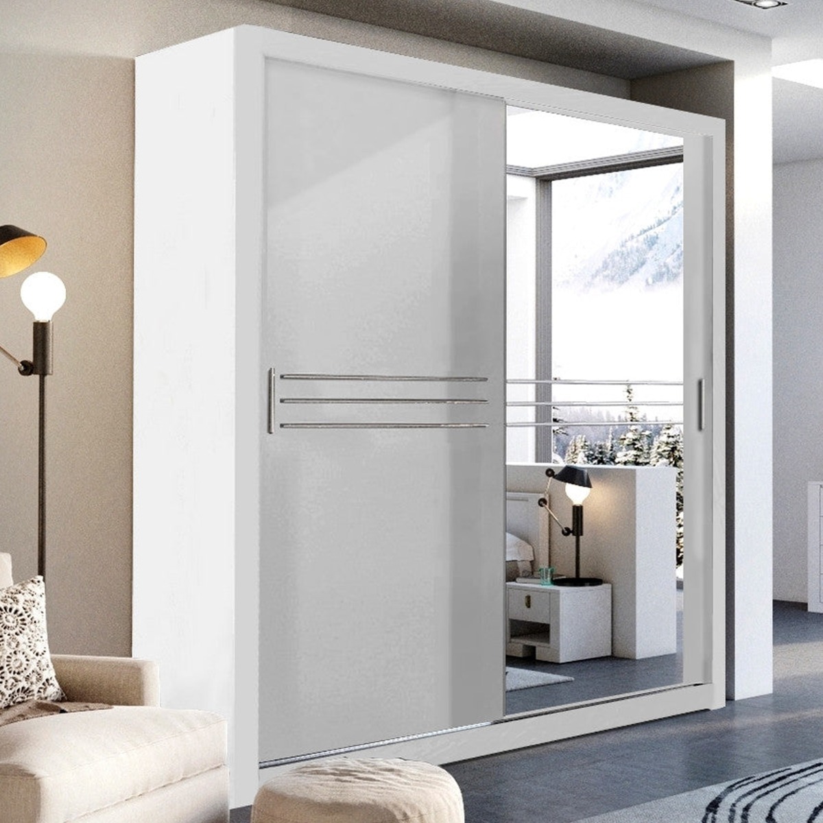 COPENHAGEN 2 Door Mirrored Sliding Wardrobe White Matt - 203cm - Art Nest
