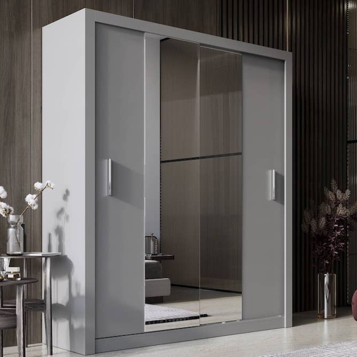 Sliding Wardrobe - INNISFAIL 2 Door Mirrored Wardrobe Grey Matt 180cm - Art Nest