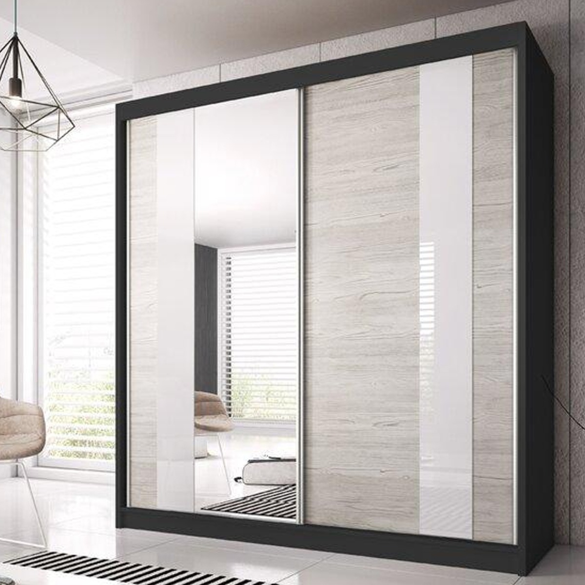 Sliding Wardrobe - MALTA II 2 Door Mirrored Wardrobe Black Matt 203cm - Art Nest