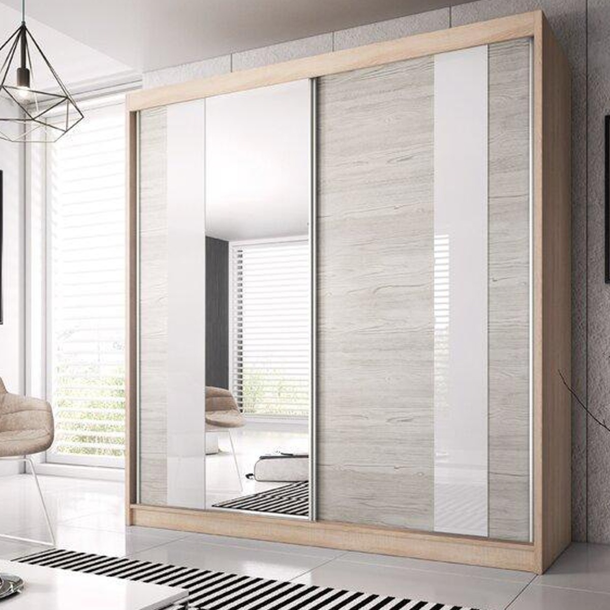 MALTA 2 Door Mirrored Sliding Wardrobe Oak Sanoma and Grey Oak - 203cm - Art Nest