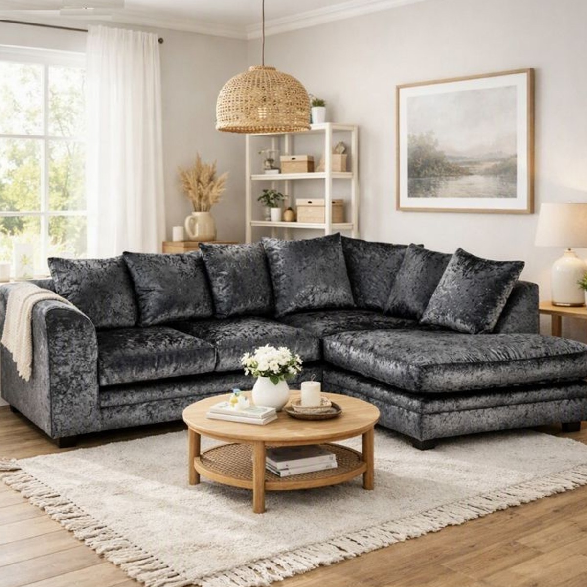 ARABIA Crushed Velvet 4 Seater L Shaped - Right Hand Facing Corner Sofa - Black - Home Done