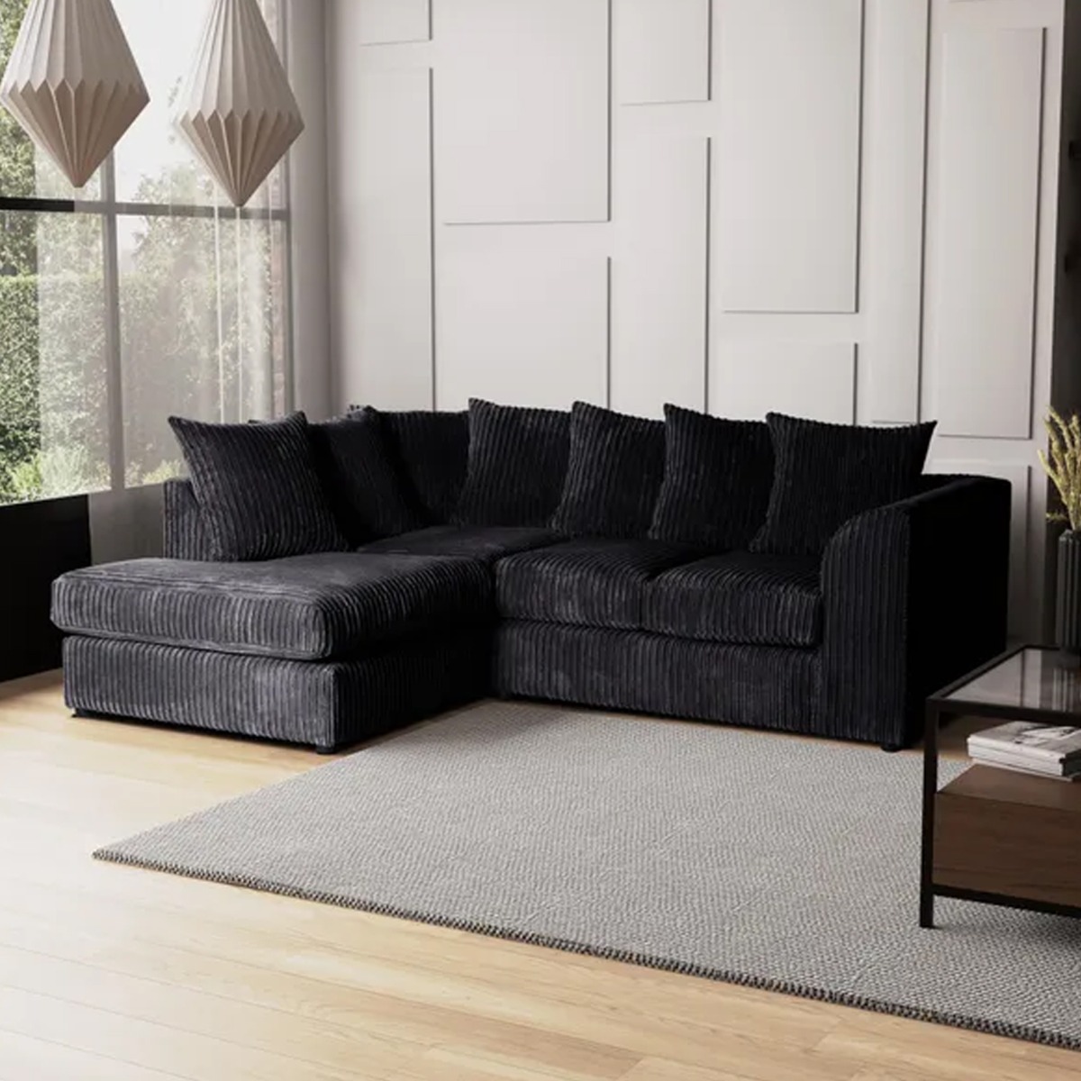Blake Jumbo Cord Black Corner Sofa - Left and Right Arm - Home Done
