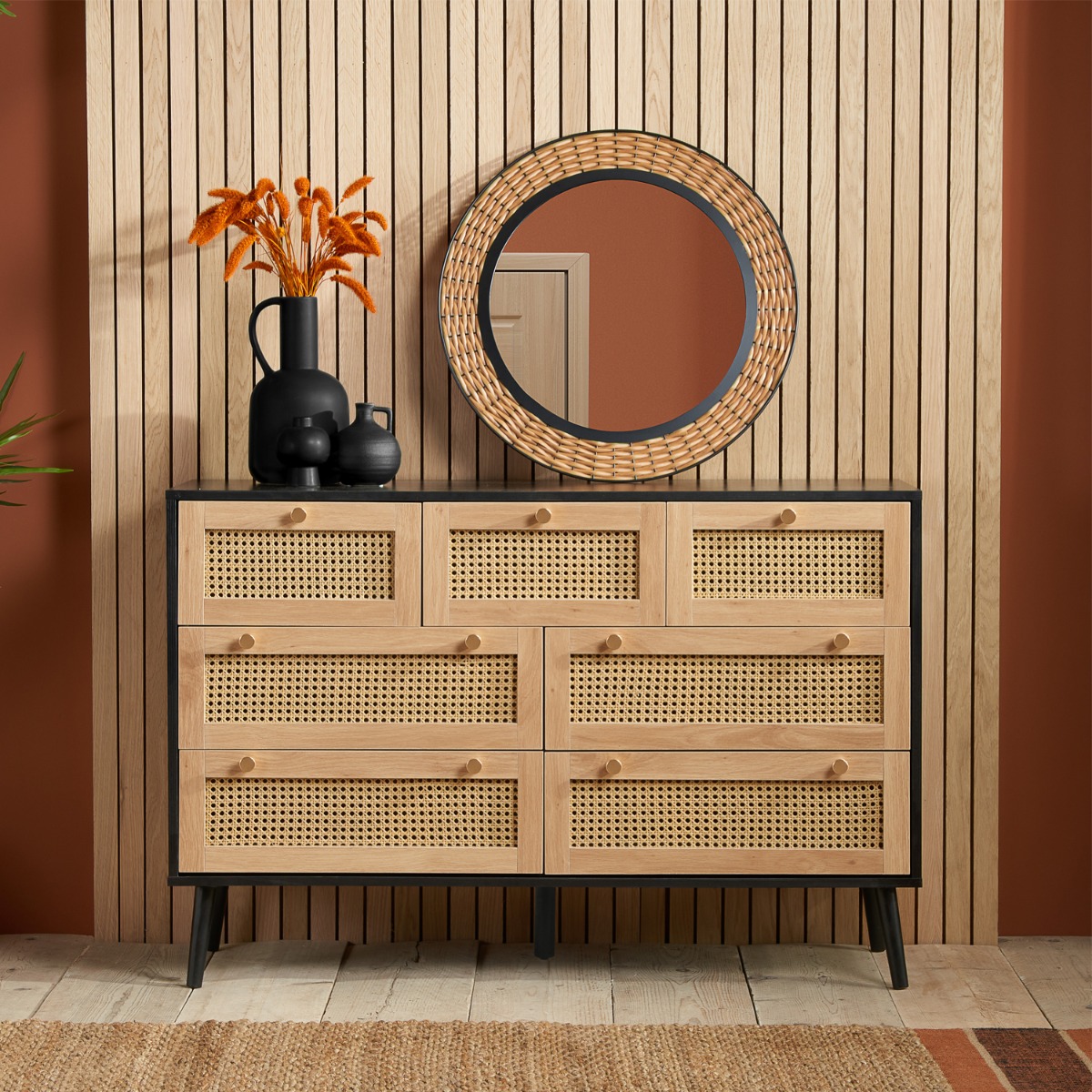 CARDANO Black Rattan Chest of Drawers - Large-sized, 7 Drawers - Birlea Essentials
