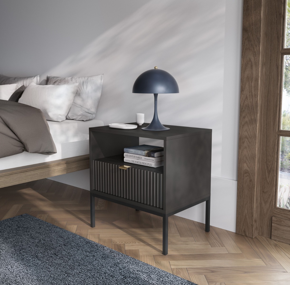 Bedside Table - DYFED Nightstand Black 54cm - Moonlight Interiors