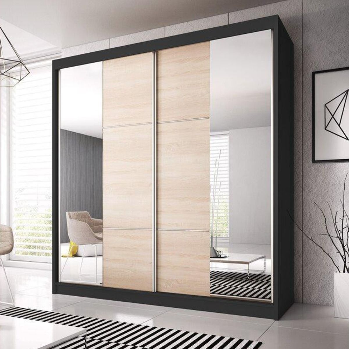 Sliding Wardrobe - MALTA 2 Door Mirrored Wardrobe Black Matt 233cm - Art Nest