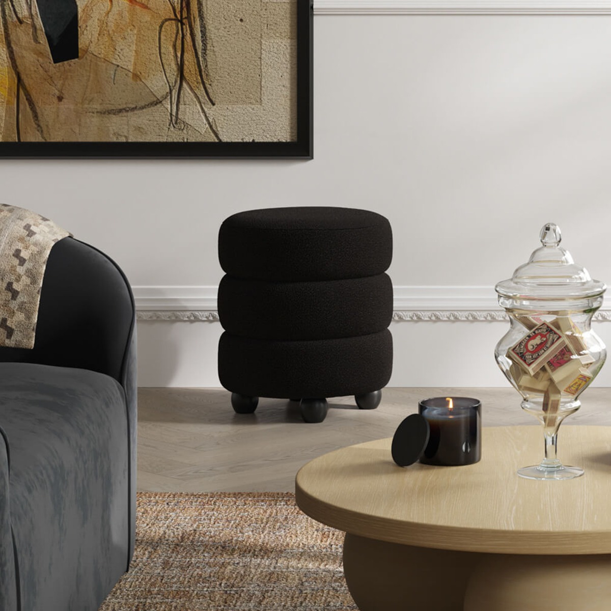 ENA Boucle Footstool - Black - Leeds Plywood