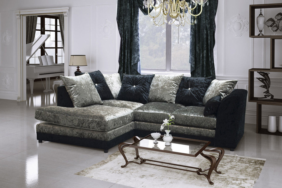 SERENE Crushed Velvet 4 Seater L Shaped - Left Hand Facing Corner Sofa - Black and Silver - Home Done