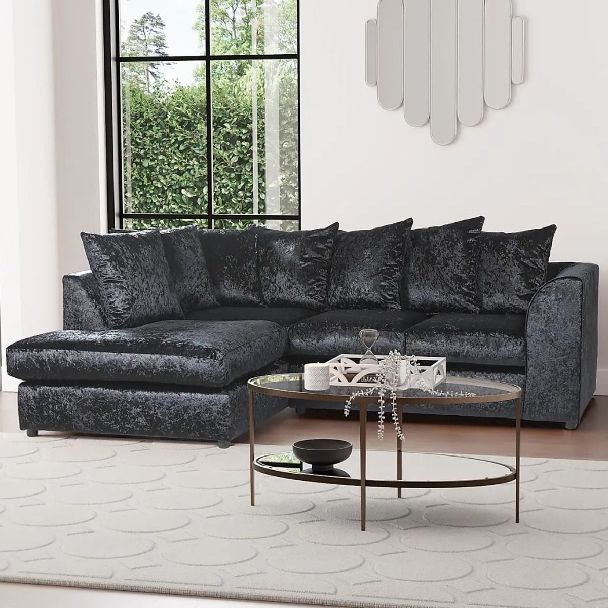 BLAKE Crushed Velvet 4 Seater L Shaped Scatterback Corner Sofa - Black, Left Hand Facing - Home Done