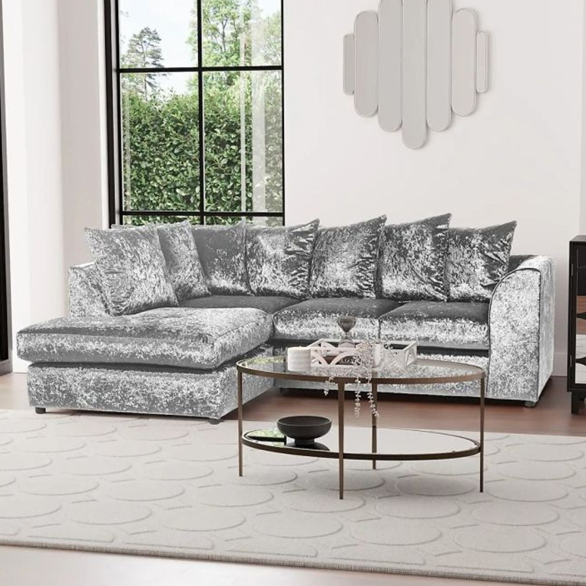 BLAKE Crushed Velvet 4 Seater L Shaped Scatterback Corner Sofa - Silver, Left Hand Facing - Home Done