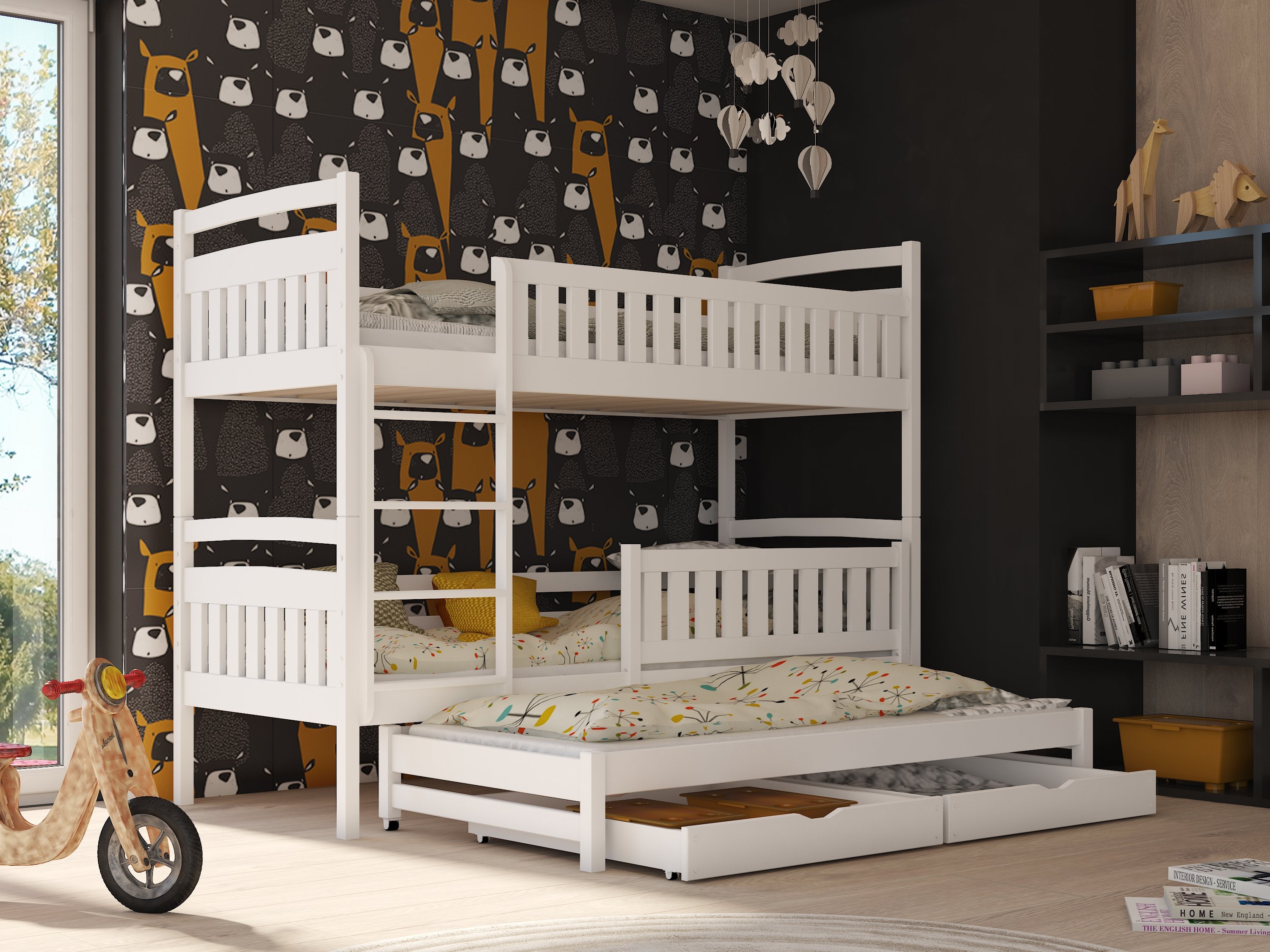Brenda Wooden 2 Drawers Bunk Bed with Trundle - White - Art Nest