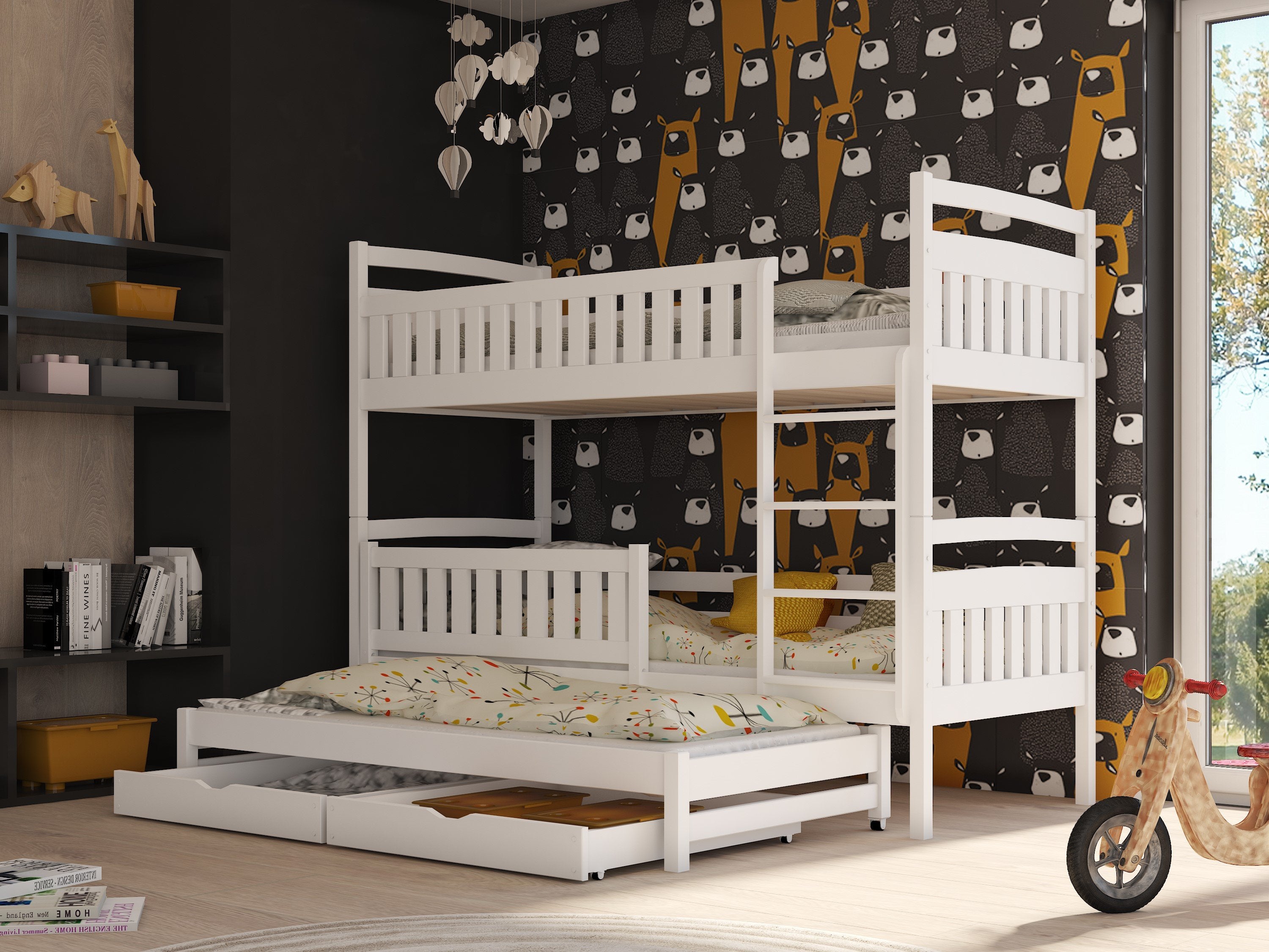 Brenda Wooden 2 Drawers Bunk Bed with Trundle and Foam Mattress - White - Art Nest