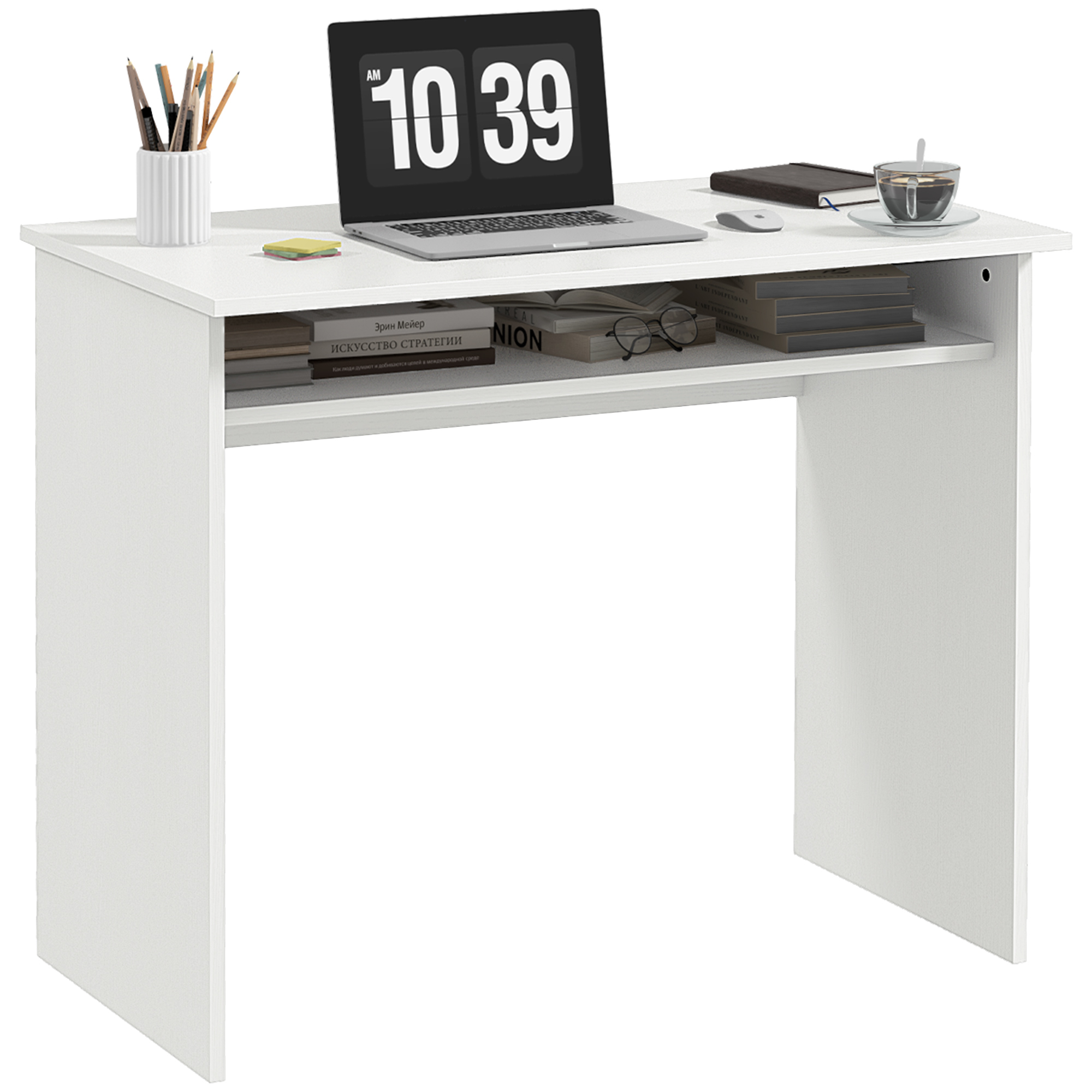 Computer Writing Desk with Storage Compartment Workstation Learning Center for Home Office 90W x 50D(cm) - White - Life Essentials