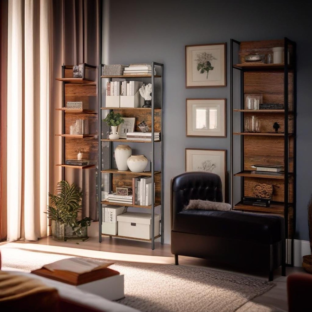 OLVANTE Bookcase 6-Shelf Storage Unit with Steel Frame - Rustic Brown - The Urban Forge