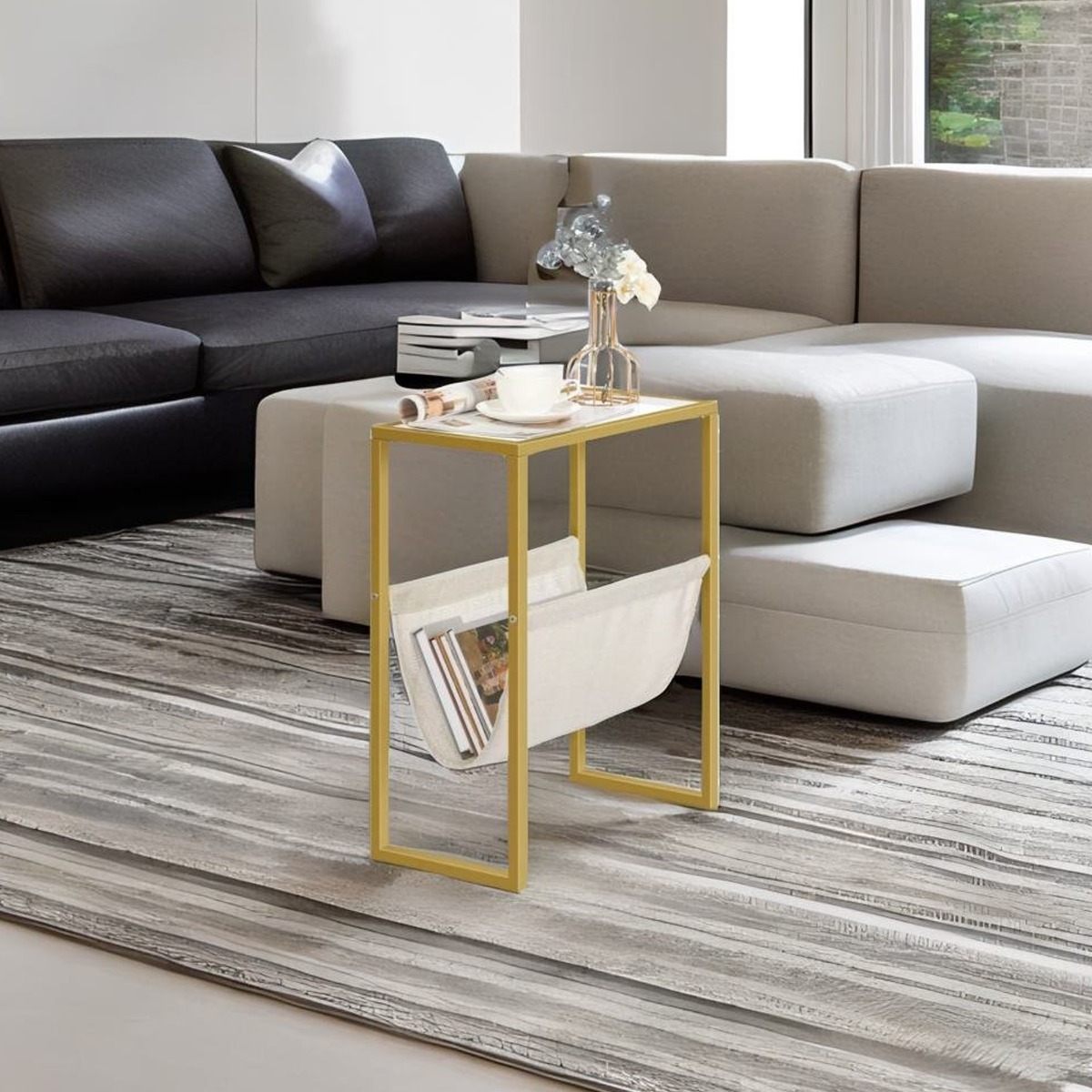 KESTRELLE Side Table Slim Gold Narrow Glass End Table with Fabric Holder - Gold - The Urban Forge