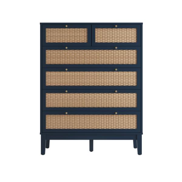 BATON Blue Rattan Chest of Drawers - Medium-sized, 6 Drawers - Leeds Plywood