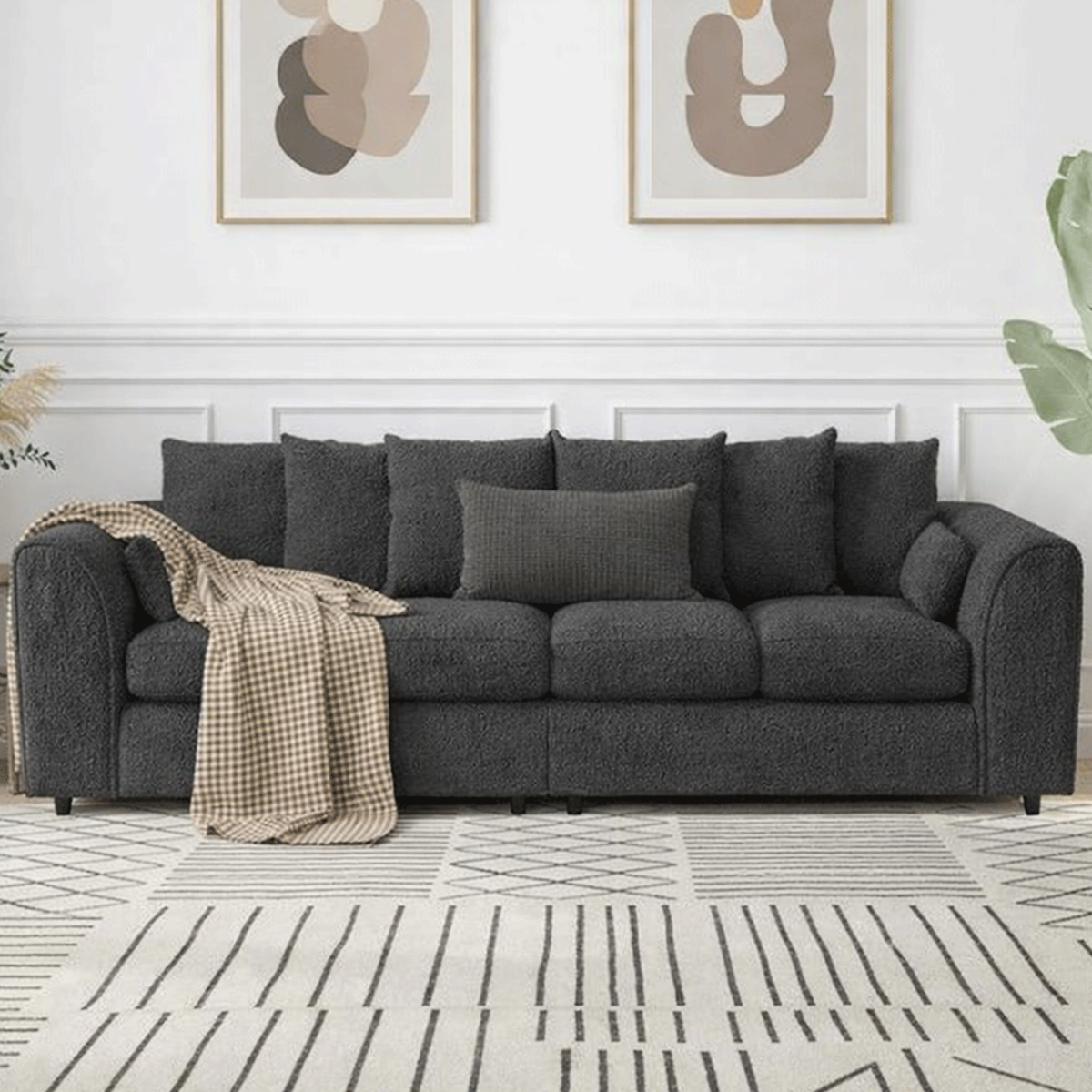 BELVANO Boucle Fabric 4 Seater Scatterback Sofa - Slate Grey - Home Done