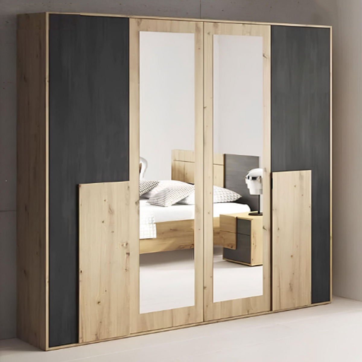 Wardrobe - BOISE 4 Door Mirrored Wardrobe Oak Artisan 200cm - Art Nest