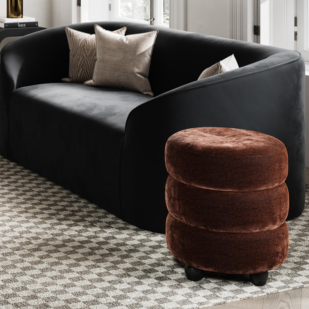 ENA Velvet Footstool - Brandy