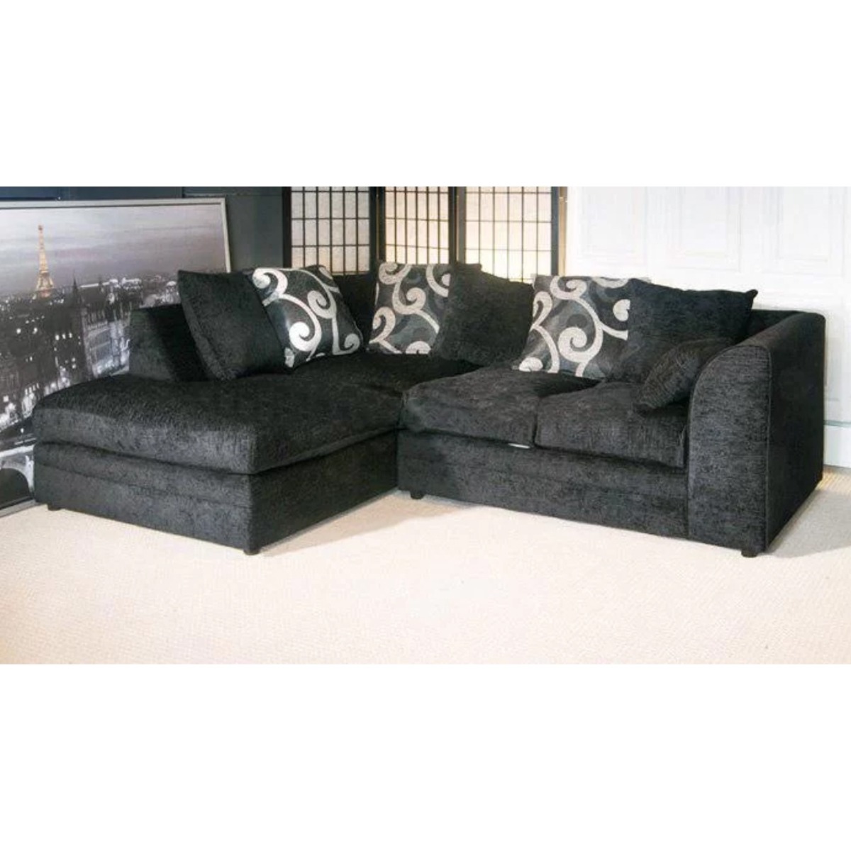 BRITTANY Chenille Fabric 4 Seater L Shaped - Left Hand Facing Corner Sofa - Black - Home Done