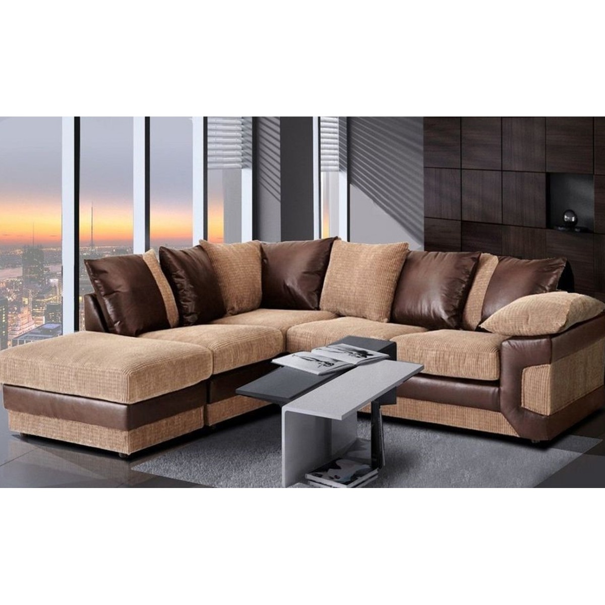 SWANSEA Jumbo Cord 5 Seater L Shaped Scatterback Corner Sofa - Brown and Beige, Left Hand Facing - Home Done