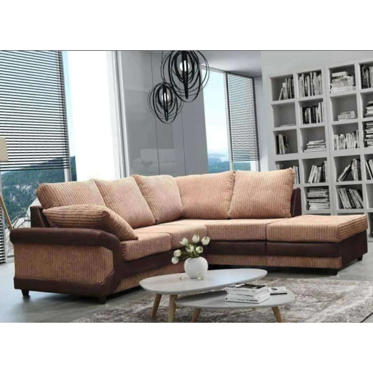 SWANSEA Jumbo Cord 5 Seater L Shaped - Left Hand Facing Corner Sofa - Brown and Beige - Home Done