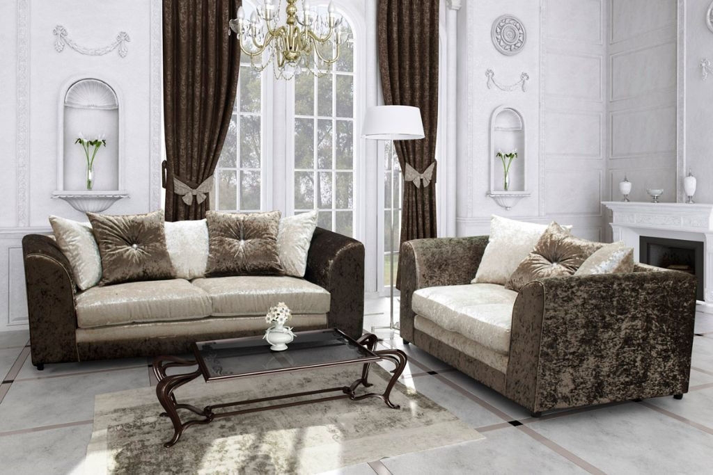 SERENE Crushed Velvet 3 Seater and 2 Seater Scatterback Sofa Set - Brown and Mink - Home Done