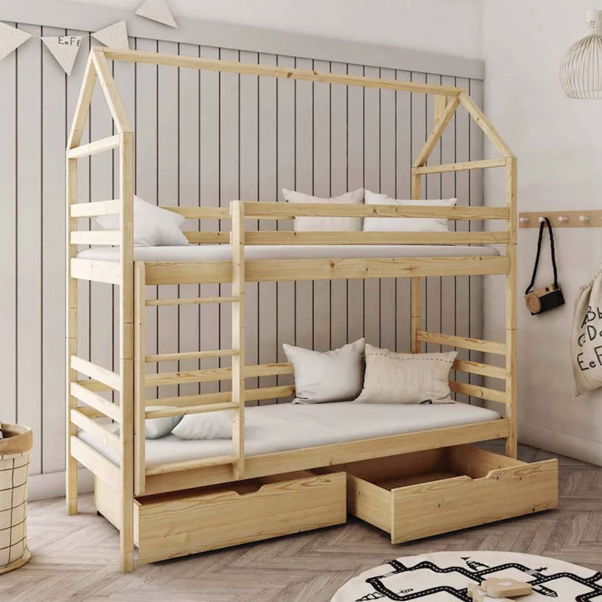 Lawrence Pax Wooden Bunk Bed with Storage and Foam/Bonnell Mattress - Pine - Art Nest
