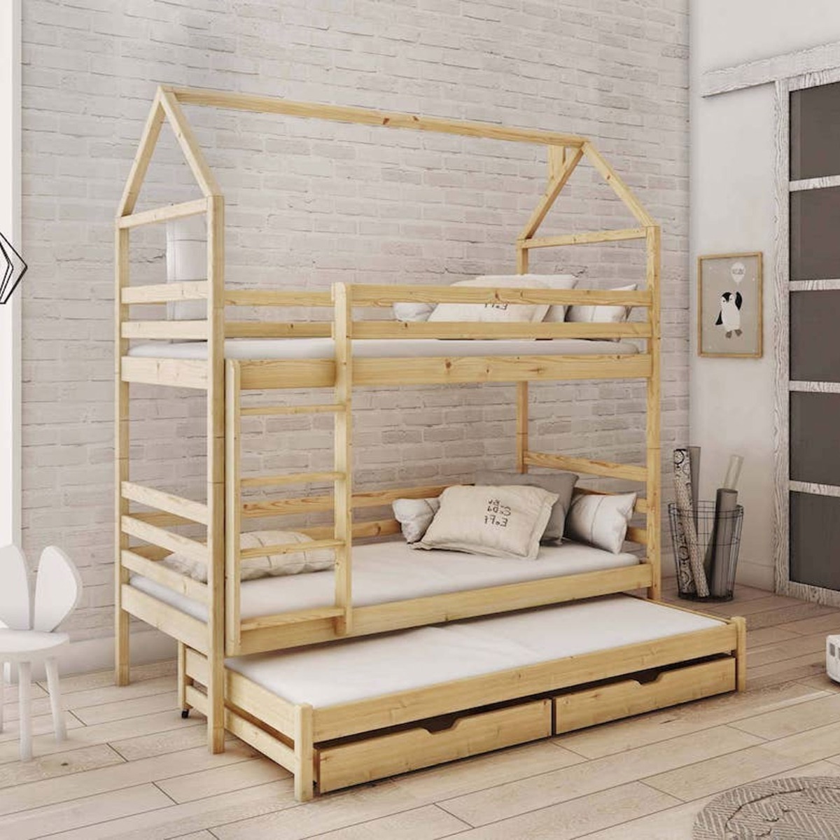 Arthur Calix Bunk Bed with Trundle and Storage in Pine - Without Mattress - Art Nest
