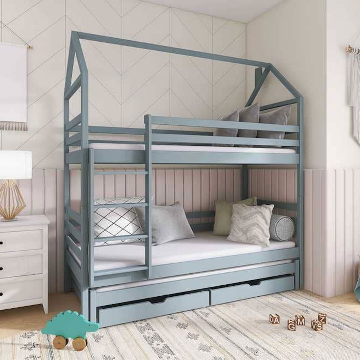 Arthur Calix Bunk Bed with Trundle and Storage in Grey - Foam Mattress - Art Nest