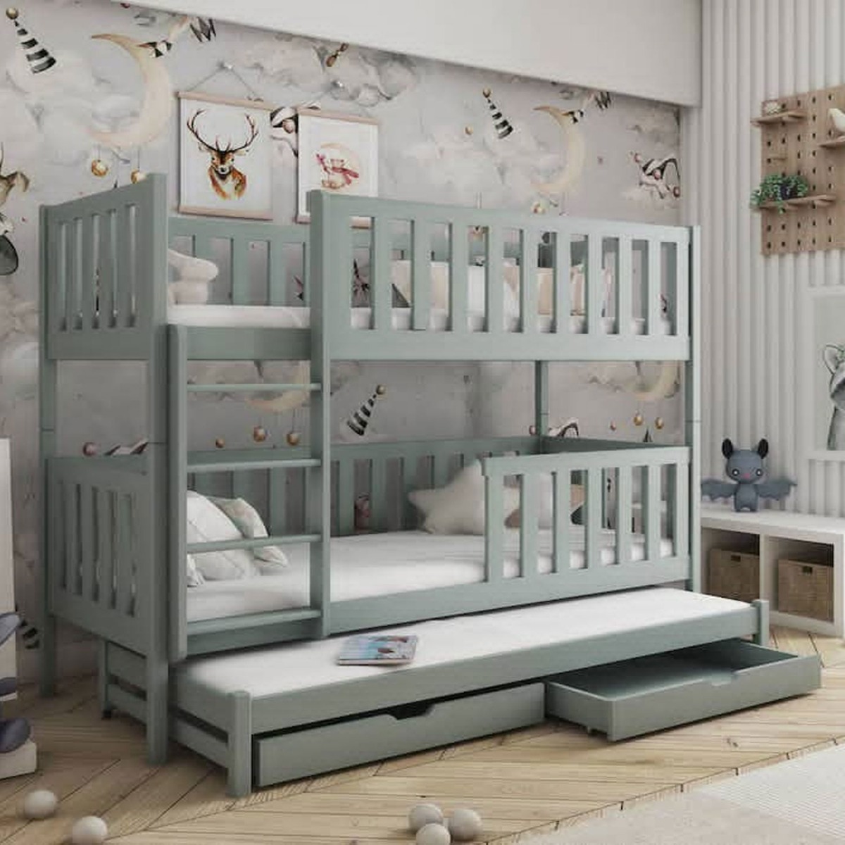 Quinx Bunk Bed with Trundle and Storage in Grey - Foam Mattress - Art Nest