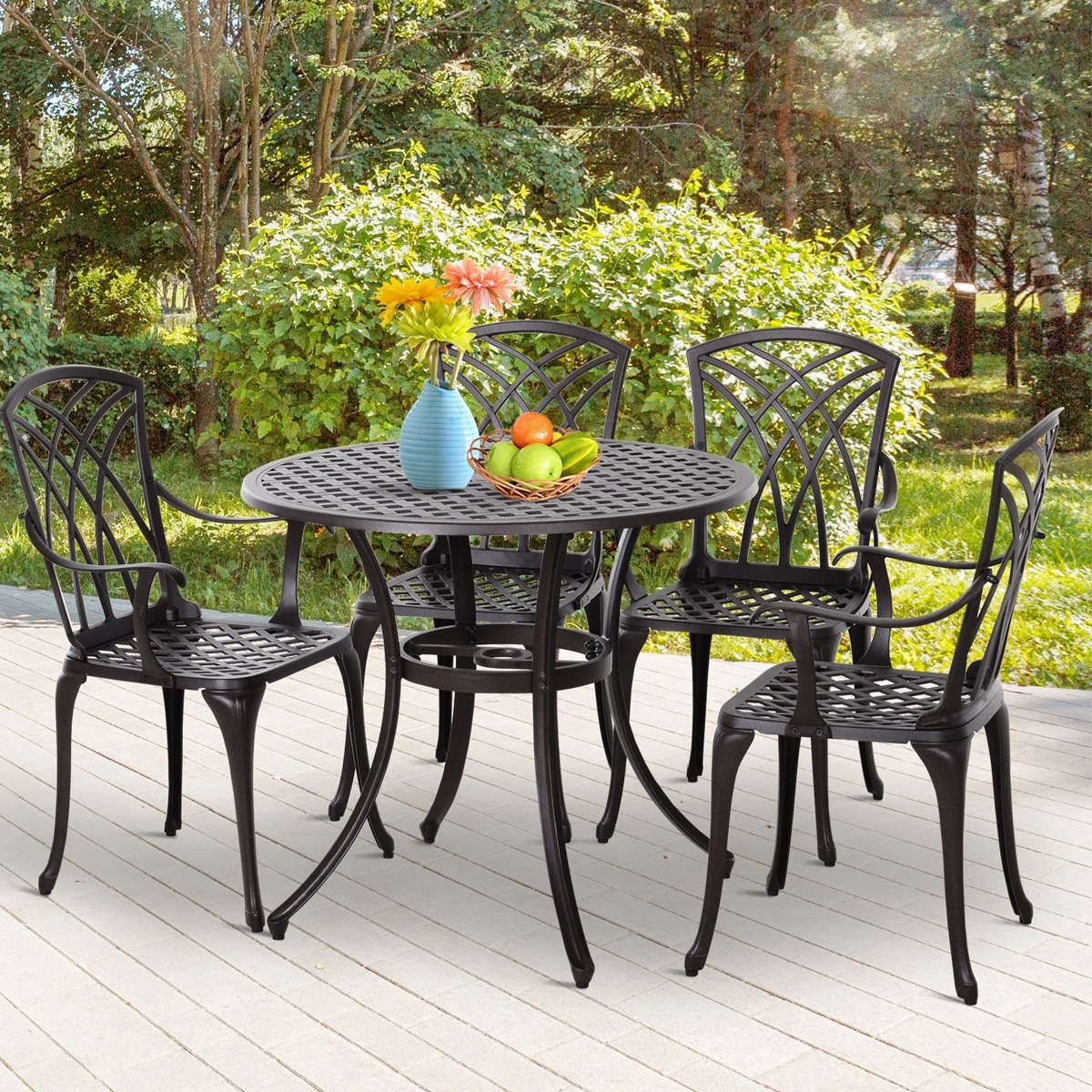 Cast Aluminium 4-Seater Outdoor Garden Table & Chair Set - Brown - The Garden Savant