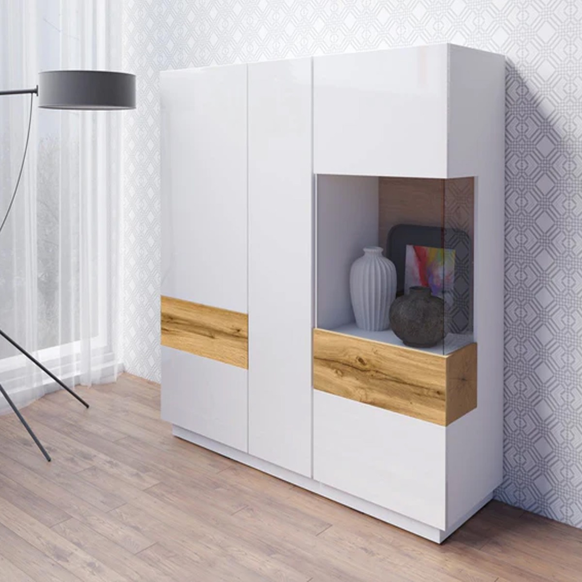 Salamandar 46 Large Display Cabinet Right Side Wotan Oak - White Gloss - Art Nest