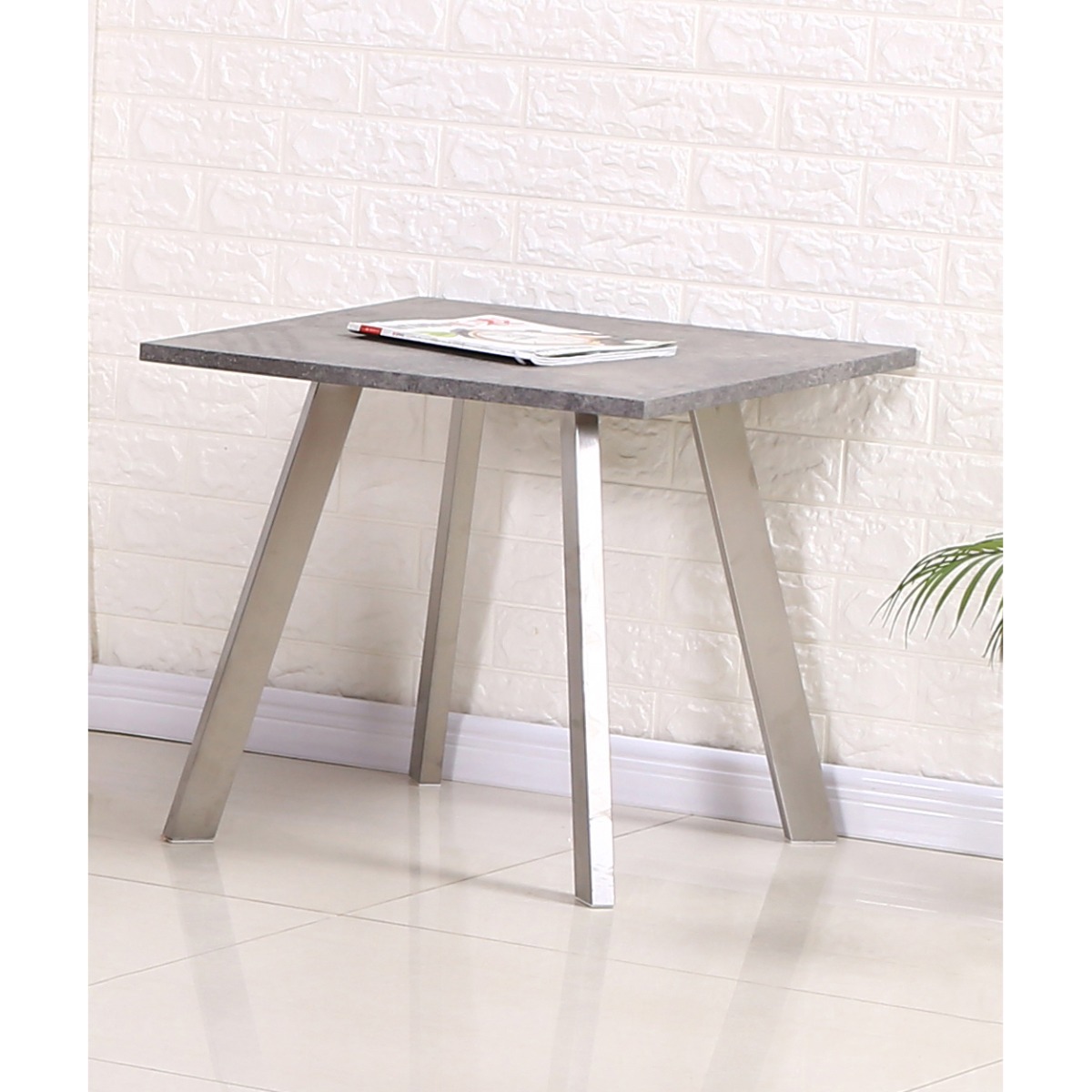 Helston Lamp Table with Brushed Stainless Steel Legs - Concrete Effect - Sigrid Mills