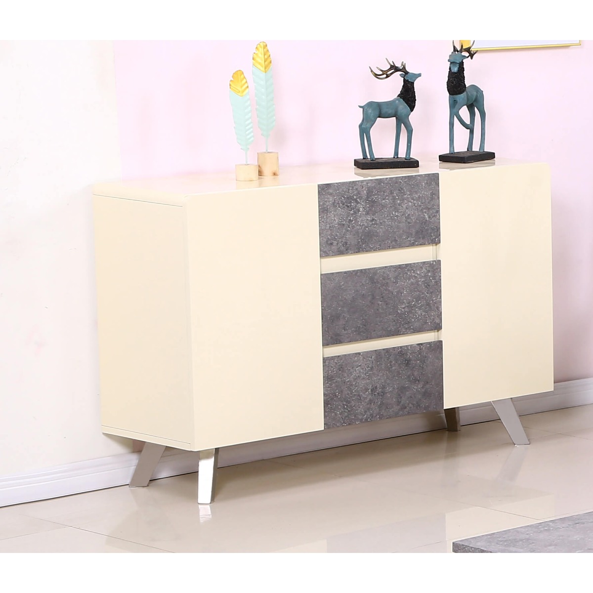 Helston Cream and Concrete Sideboard with Stainless Steel Legs - Sigrid Mills