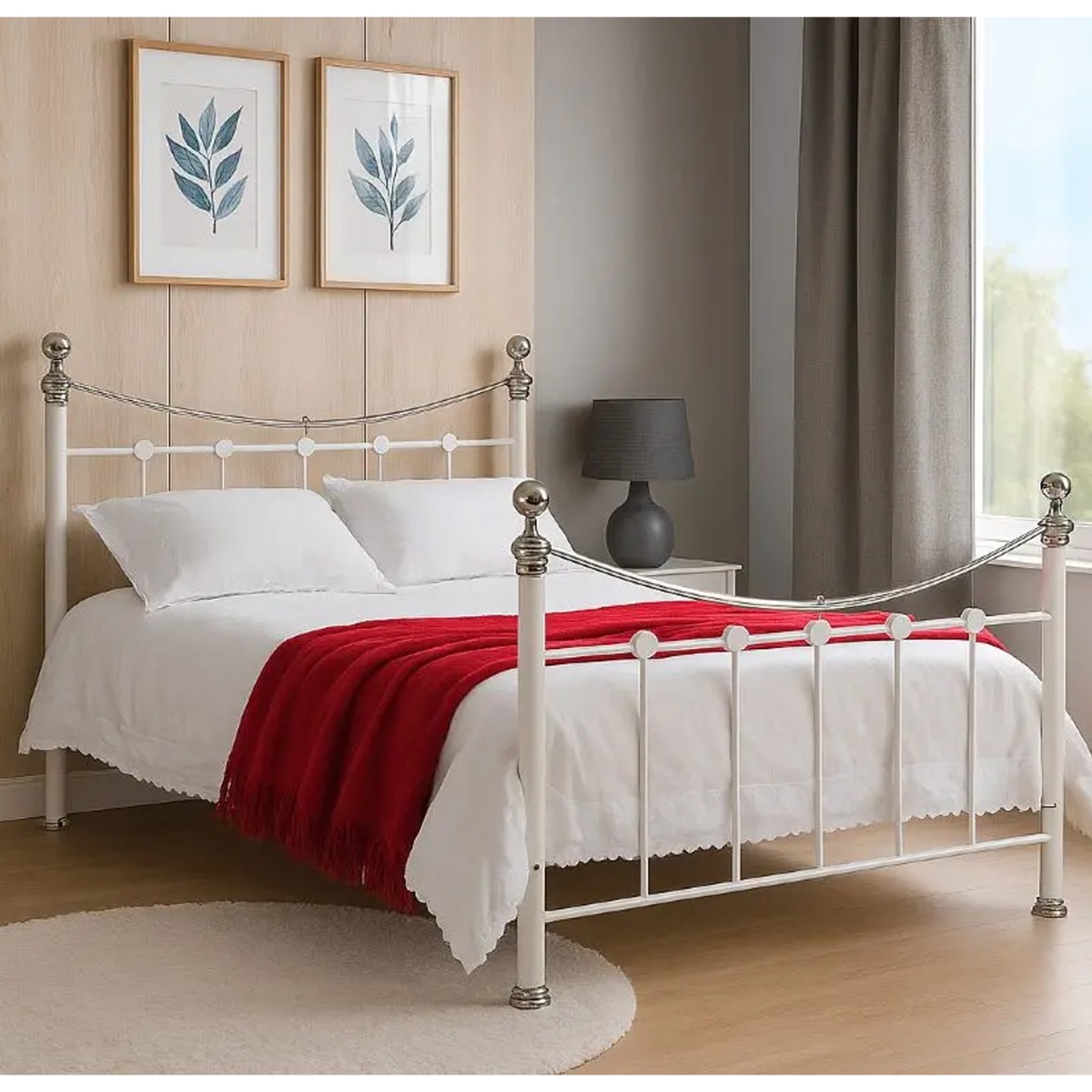 Cambridge Elegant Chrome Metal Bed Frame - 4ft Small Double - White - Beds-To-Go