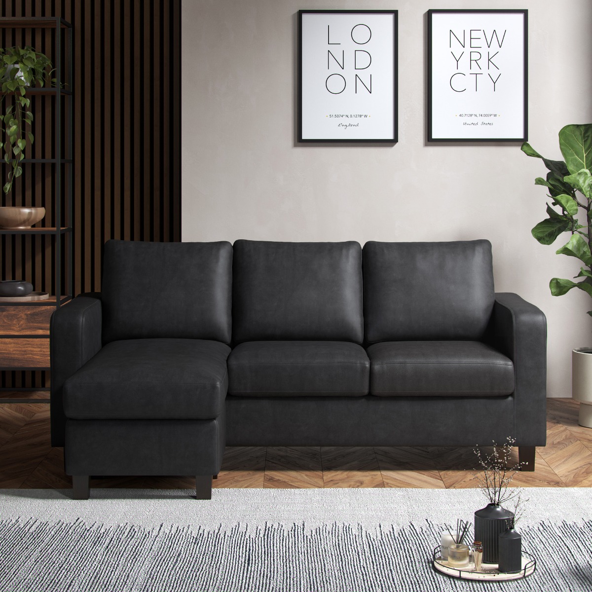 CARVENO PU Leather 4 Seater Corner Sofa - L Shaped - Reversible Facing - Black