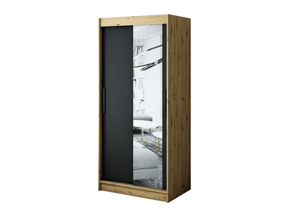 Sliding Wardrobe - LETORIA 2 Door Mirrored Wardrobe Black 100cm - Art Nest