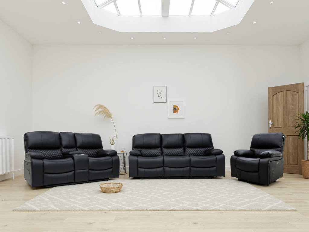 VALERIO Leather 3 and 2 Seater with Armchair Electric Recliner Sofa Set - Black - Sofa So Good