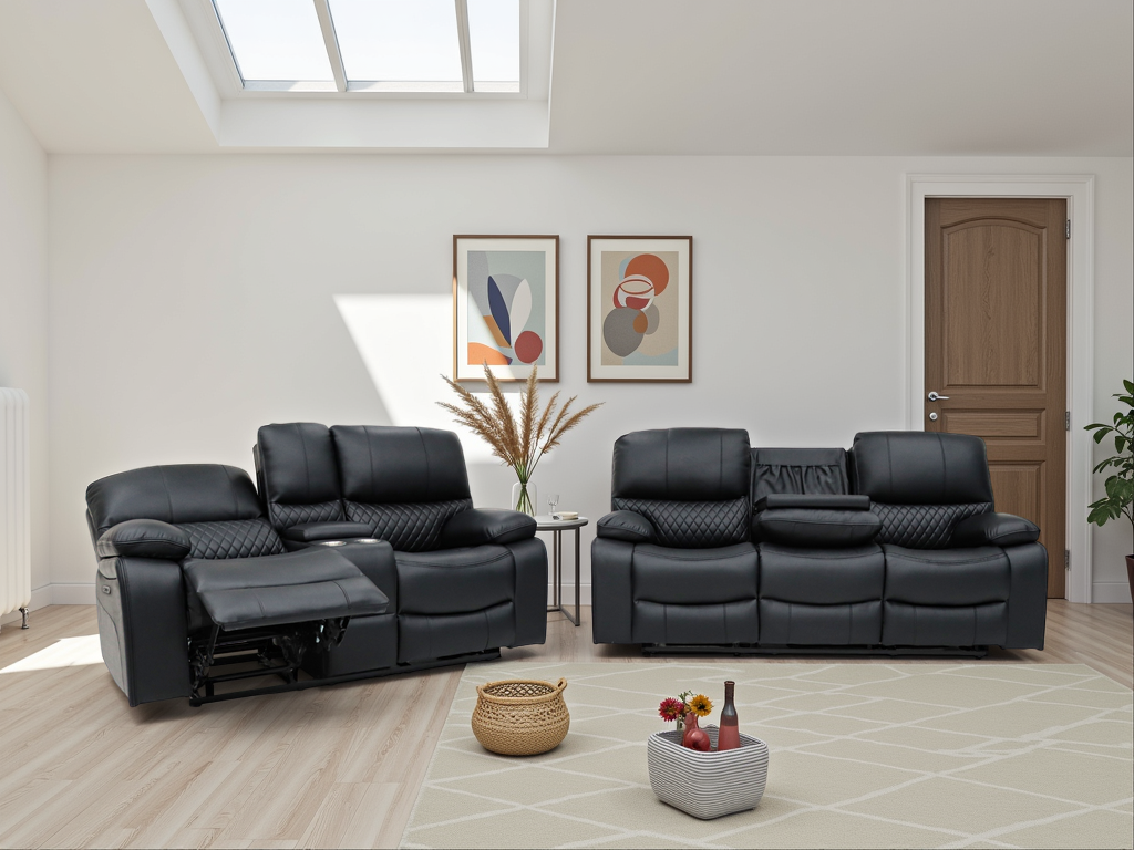 VALERIO Leather 3 and 2 Seater Electric Recliner Sofa Set - Black - Sofa So Good
