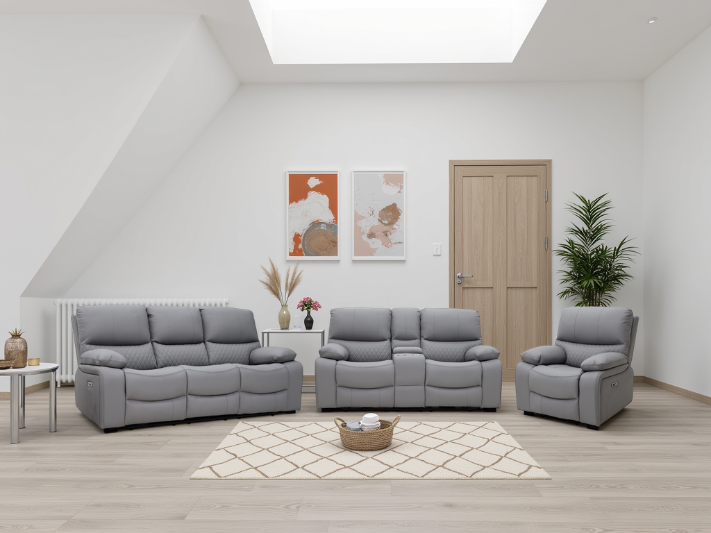 VALERIO Leather 3 and 2 Seater with Armchair Electric Recliner Sofa Set - Grey - Sofa So Good