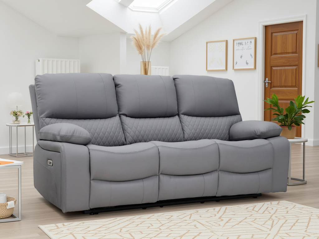 VALERIO Leather 3 Seater Electric Recliner Sofa - Grey - Sofa So Good