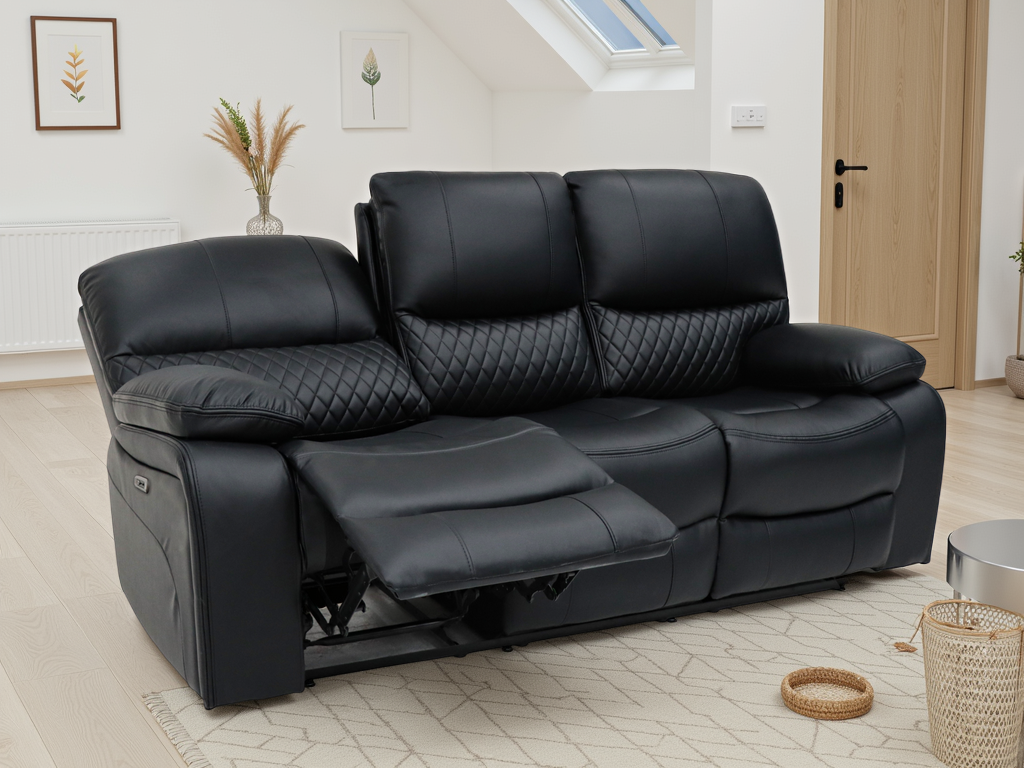VALERIO Leather 3 Seater Electric Recliner Sofa - Black - Sofa So Good