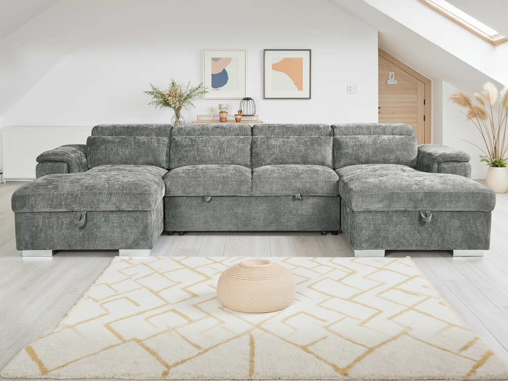 GRACELLO Fabric 4 Seater U Shaped Corner Sofabed - Grey - Sofa So Good