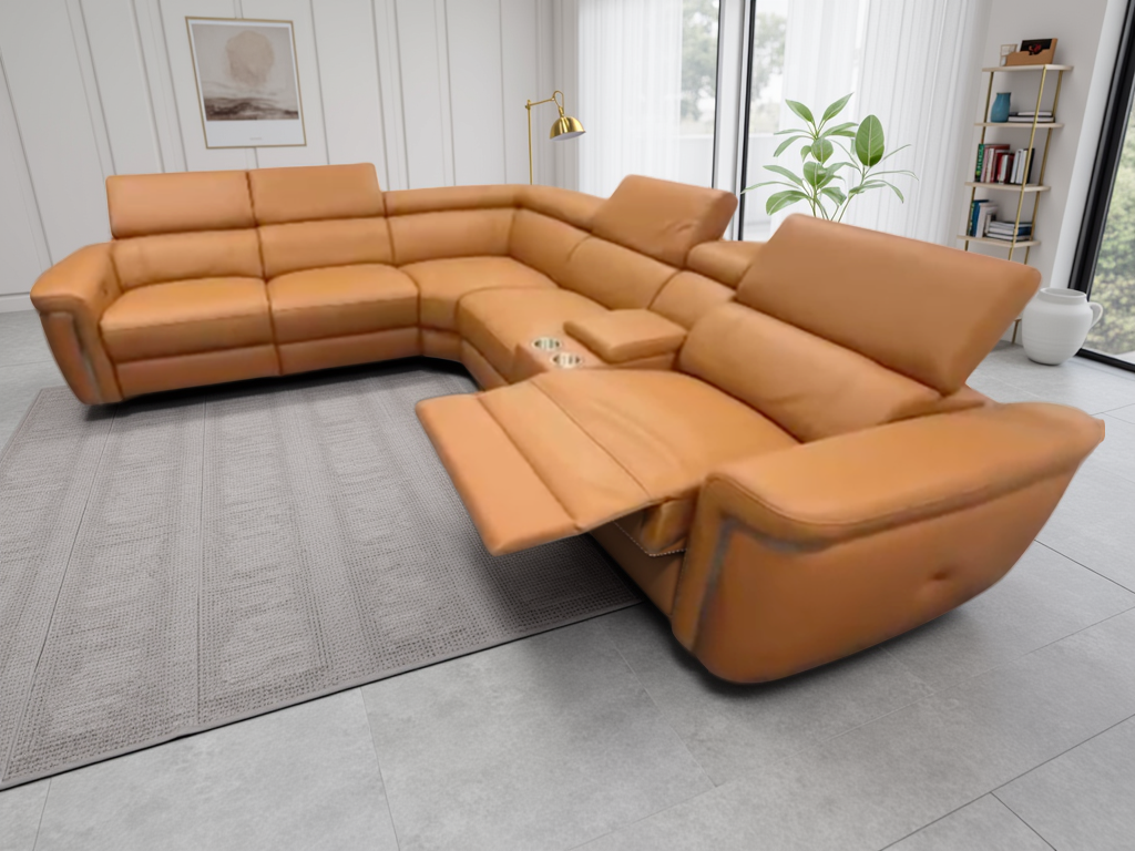 BREVELLO Leather 5 Seater L Shaped Electric Recliner Corner Sofa - Tan - Sofa So Good