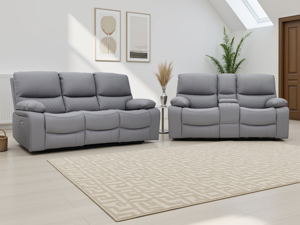 VALERIO Leather 3 and 2 Seater Electric Recliner Sofa Set - Grey - Sofa So Good