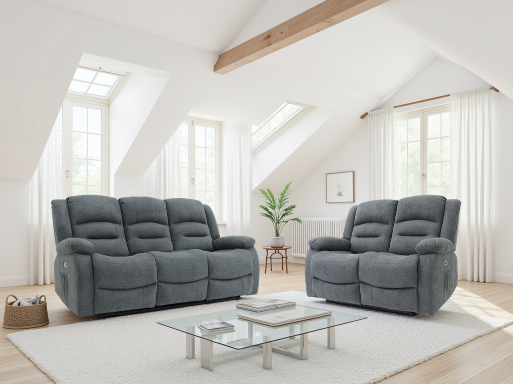 MARK Fabric 3 and 2 Seater Electric Recliner Sofa Set - Grey - Sofa So Good