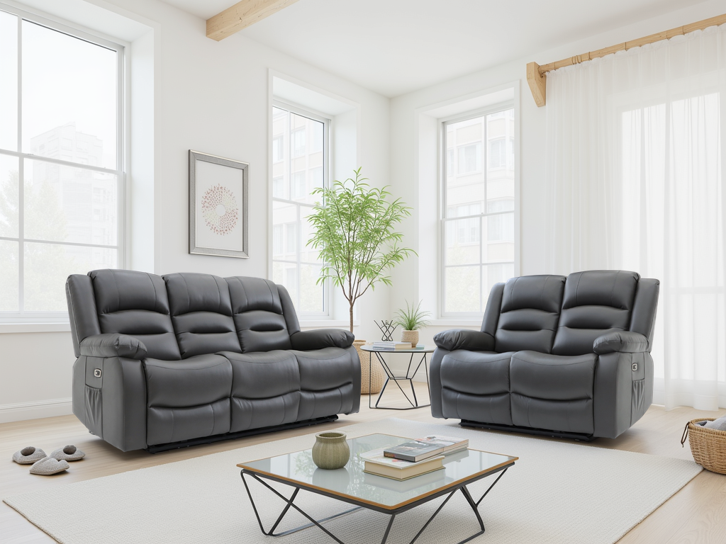 MARK Leather 3 and 2 Seater Electric Recliner Sofa Set - Grey - Sofa So Good