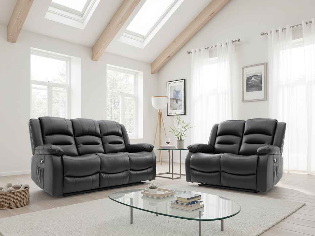 MARK Leather 3 and 2 Seater Electric Recliner Sofa Set - Black - Sofa So Good